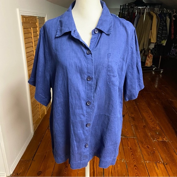 Coldwater Creek Oversized Linen Camp Shirt Size LP Indian Ink Blue Button Down - Picture 9 of 10